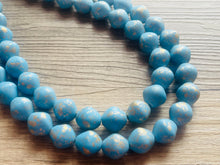 Load image into Gallery viewer, Aqua Blue Double Strand Statement Necklace, Chunky light blue & Gold clay Beaded Bib Jewelry, blue jewelry, baby blue jewlery necklace