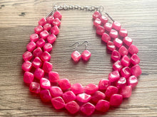 Load image into Gallery viewer, Big Bead pink Necklace, 3 Strand Statement Jewelry, magenta pink Chunky bib bridesmaid, hot pink jewelry, dark pink necklace earring set