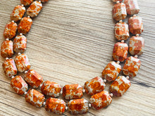 Load image into Gallery viewer, Paint splatter Burnt Orange & Gray Necklace, 2 Strand Statement Jewelry, orange Chunky bib bridesmaid everyday bubble jewelry earrings
