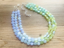 Load image into Gallery viewer, Rainforest Island Sunset Beaded Statement Necklace, beaded jewelry, earrings chunky bib 3 strand lime emerald periwinkle sky blue collar