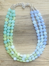 Load image into Gallery viewer, Rainforest Island Sunset Beaded Statement Necklace, beaded jewelry, earrings chunky bib 3 strand lime emerald periwinkle sky blue collar