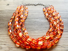 Load image into Gallery viewer, Coral Orange Statement Necklace, 5 multi Strand Beaded Jewelry, Bright Necklace, coral necklace, summer necklace, beaded jewelry earrings