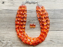 Load image into Gallery viewer, Coral Orange Statement Necklace, 5 multi Strand Beaded Jewelry, Bright Necklace, coral necklace, summer necklace, beaded jewelry earrings