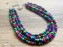 Load image into Gallery viewer, Jewel Tone Cobblestone Chunky Rainbow Beaded Necklace, 5 Strand Colorful Jewelry statement necklace, wood big beaded