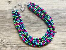 Load image into Gallery viewer, Jewel Tone Cobblestone Chunky Rainbow Beaded Necklace, 5 Strand Colorful Jewelry statement necklace, wood big beaded