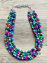 Load image into Gallery viewer, Jewel Tone Cobblestone Chunky Rainbow Beaded Necklace, 5 Strand Colorful Jewelry statement necklace, wood big beaded