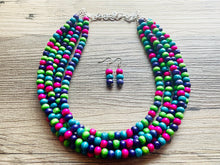 Load image into Gallery viewer, Jewel Tone Cobblestone Chunky Rainbow Beaded Necklace, 5 Strand Colorful Jewelry statement necklace, wood big beaded