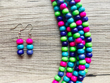 Load image into Gallery viewer, Jewel Tone Cobblestone Chunky Rainbow Beaded Necklace, 5 Strand Colorful Jewelry statement necklace, wood big beaded