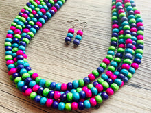 Load image into Gallery viewer, Jewel Tone Cobblestone Chunky Rainbow Beaded Necklace, 5 Strand Colorful Jewelry statement necklace, wood big beaded