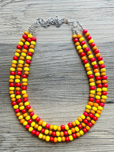Load image into Gallery viewer, Cobblestone Harvest Chunky Rainbow Beaded Necklace, 3 Strand Colorful Jewelry statement necklace, wood big beaded necklace yellow red orange