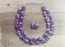 Load image into Gallery viewer, Paint splatter Purple & Gray Necklace, 2 Strand Statement Jewelry, purple Chunky bib bridesmaid everyday bubble jewelry earrings