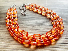 Load image into Gallery viewer, Coral Orange Statement Necklace, 3 multi Strand Beaded Jewelry, Bright Necklace, coral necklace, summer necklace, beaded jewelry earrings