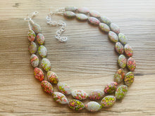Load image into Gallery viewer, Speckled Watermelon Chunky Statement Necklace, Big beaded jewelry, 2 Strand bib chunky Necklace, gray green red silver earrings set jewelry