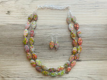 Load image into Gallery viewer, Speckled Watermelon Chunky Statement Necklace, Big beaded jewelry, 2 Strand bib chunky Necklace, gray green red silver earrings set jewelry