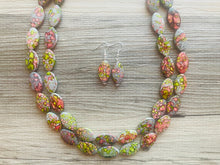 Load image into Gallery viewer, Speckled Watermelon Chunky Statement Necklace, Big beaded jewelry, 2 Strand bib chunky Necklace, gray green red silver earrings set jewelry