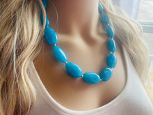 Load image into Gallery viewer, Chunky Caribbean Blue Statement Necklace & earring set jewelry, blue bib necklace, geometric necklace single strand aqua teal sky beaded