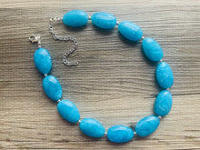 Load image into Gallery viewer, Chunky Caribbean Blue Statement Necklace & earring set jewelry, blue bib necklace, geometric necklace single strand aqua teal sky beaded