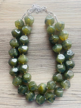 Load image into Gallery viewer, Army Green Chunky Statement Necklace, Big beaded jewelry, Double Strand Statement Necklace, Bib necklace, green bridesmaid wedding camo