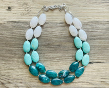Load image into Gallery viewer, Seafoam & Emerald Green Chunky Statement Necklace, Big beaded jewelry, Double Strand Statement Necklace, Bib necklace bridesmaid wedding