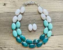 Load image into Gallery viewer, Seafoam & Emerald Green Chunky Statement Necklace, Big beaded jewelry, Double Strand Statement Necklace, Bib necklace bridesmaid wedding
