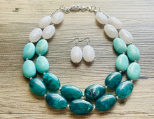 Load image into Gallery viewer, Seafoam & Emerald Green Chunky Statement Necklace, Big beaded jewelry, Double Strand Statement Necklace, Bib necklace bridesmaid wedding