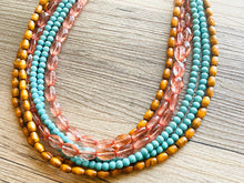 Load image into Gallery viewer, 6 Strand beaded Statement Chunky Necklace, casual necklace, Traveler wood brown turquoise necklace, coral beaded jewelry thick bib