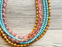 Load image into Gallery viewer, 6 Strand beaded Statement Chunky Necklace, casual necklace, Traveler wood brown turquoise necklace, coral beaded jewelry thick bib