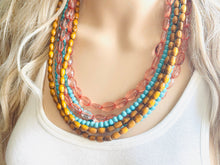 Load image into Gallery viewer, 6 Strand beaded Statement Chunky Necklace, casual necklace, Traveler wood brown turquoise necklace, coral beaded jewelry thick bib