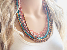 Load image into Gallery viewer, 6 Strand beaded Statement Chunky Necklace, casual necklace, Traveler wood brown turquoise necklace, coral beaded jewelry thick bib