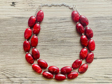 Load image into Gallery viewer, Deep Red Chunky Statement Necklace, Big beaded jewelry, double strand Statement Necklace, chunky red bib jewelry earrings