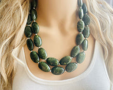 Load image into Gallery viewer, Olive Green Chunky Statement Necklace, Big beaded jewelry, Double Strand Statement Necklace, Bib necklace, green bridesmaid fall wedding
