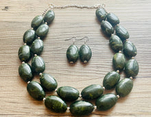 Load image into Gallery viewer, Olive Green Chunky Statement Necklace, Big beaded jewelry, Double Strand Statement Necklace, Bib necklace, green bridesmaid fall wedding