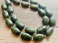 Load image into Gallery viewer, Olive Green Chunky Statement Necklace, Big beaded jewelry, Double Strand Statement Necklace, Bib necklace, green bridesmaid fall wedding
