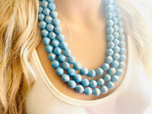 Load image into Gallery viewer, Aqua Blue 3 Strand Statement Necklace, Chunky light blue & Gold clay Beaded Bib Jewelry, blue jewelry, baby blue jewlery necklace