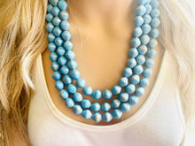 Load image into Gallery viewer, Aqua Blue 3 Strand Statement Necklace, Chunky light blue & Gold clay Beaded Bib Jewelry, blue jewelry, baby blue jewlery necklace