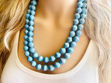 Load image into Gallery viewer, Aqua Blue Double Strand Statement Necklace, Chunky light blue & Gold clay Beaded Bib Jewelry, blue jewelry, baby blue jewlery necklace
