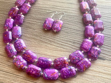 Load image into Gallery viewer, Paint splatter pink Necklace, 2 Strand Statement Jewelry, Purple Chunky bib bridesmaid everyday bubble jewelry earrings, yellow geometric