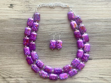Load image into Gallery viewer, Paint splatter pink Necklace, 2 Strand Statement Jewelry, Purple Chunky bib bridesmaid everyday bubble jewelry earrings, yellow geometric