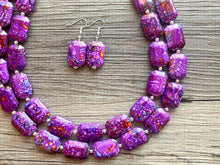 Load image into Gallery viewer, Paint splatter pink Necklace, 2 Strand Statement Jewelry, Purple Chunky bib bridesmaid everyday bubble jewelry earrings, yellow geometric