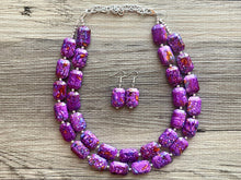 Load image into Gallery viewer, Paint splatter pink Necklace, 2 Strand Statement Jewelry, Purple Chunky bib bridesmaid everyday bubble jewelry earrings, yellow geometric