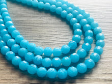 Load image into Gallery viewer, Aqua Blue Sky Dive 3 Strand Statement Necklace, Chunky light blue Oval Beaded Bib Jewelry, blue jewelry, baby blue jewlery necklace