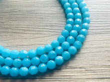 Load image into Gallery viewer, Aqua Blue Sky Dive 3 Strand Statement Necklace, Chunky light blue Oval Beaded Bib Jewelry, blue jewelry, baby blue jewlery necklace