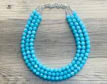 Load image into Gallery viewer, Aqua Blue Sky Dive 3 Strand Statement Necklace, Chunky light blue Oval Beaded Bib Jewelry, blue jewelry, baby blue jewlery necklace