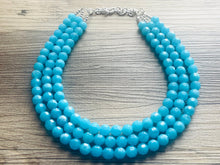 Load image into Gallery viewer, Aqua Blue Sky Dive 3 Strand Statement Necklace, Chunky light blue Oval Beaded Bib Jewelry, blue jewelry, baby blue jewlery necklace
