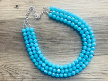 Load image into Gallery viewer, Aqua Blue Sky Dive 3 Strand Statement Necklace, Chunky light blue Oval Beaded Bib Jewelry, blue jewelry, baby blue jewlery necklace