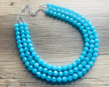 Load image into Gallery viewer, Aqua Blue Sky Dive 3 Strand Statement Necklace, Chunky light blue Oval Beaded Bib Jewelry, blue jewelry, baby blue jewlery necklace