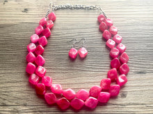 Load image into Gallery viewer, Big Bead pink Necklace, 2 Strand Statement Jewelry, magenta pink Chunky bib bridesmaid, hot pink jewelry, dark pink necklace earring set