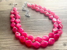 Load image into Gallery viewer, Big Bead pink Necklace, 2 Strand Statement Jewelry, magenta pink Chunky bib bridesmaid, hot pink jewelry, dark pink necklace earring set