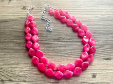 Load image into Gallery viewer, Big Bead pink Necklace, 2 Strand Statement Jewelry, magenta pink Chunky bib bridesmaid, hot pink jewelry, dark pink necklace earring set