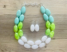 Load image into Gallery viewer, Seafoam & Lime Green Chunky Statement Necklace, Big beaded jewelry, Double Strand Statement Necklace, Bib necklace bridesmaid wedding